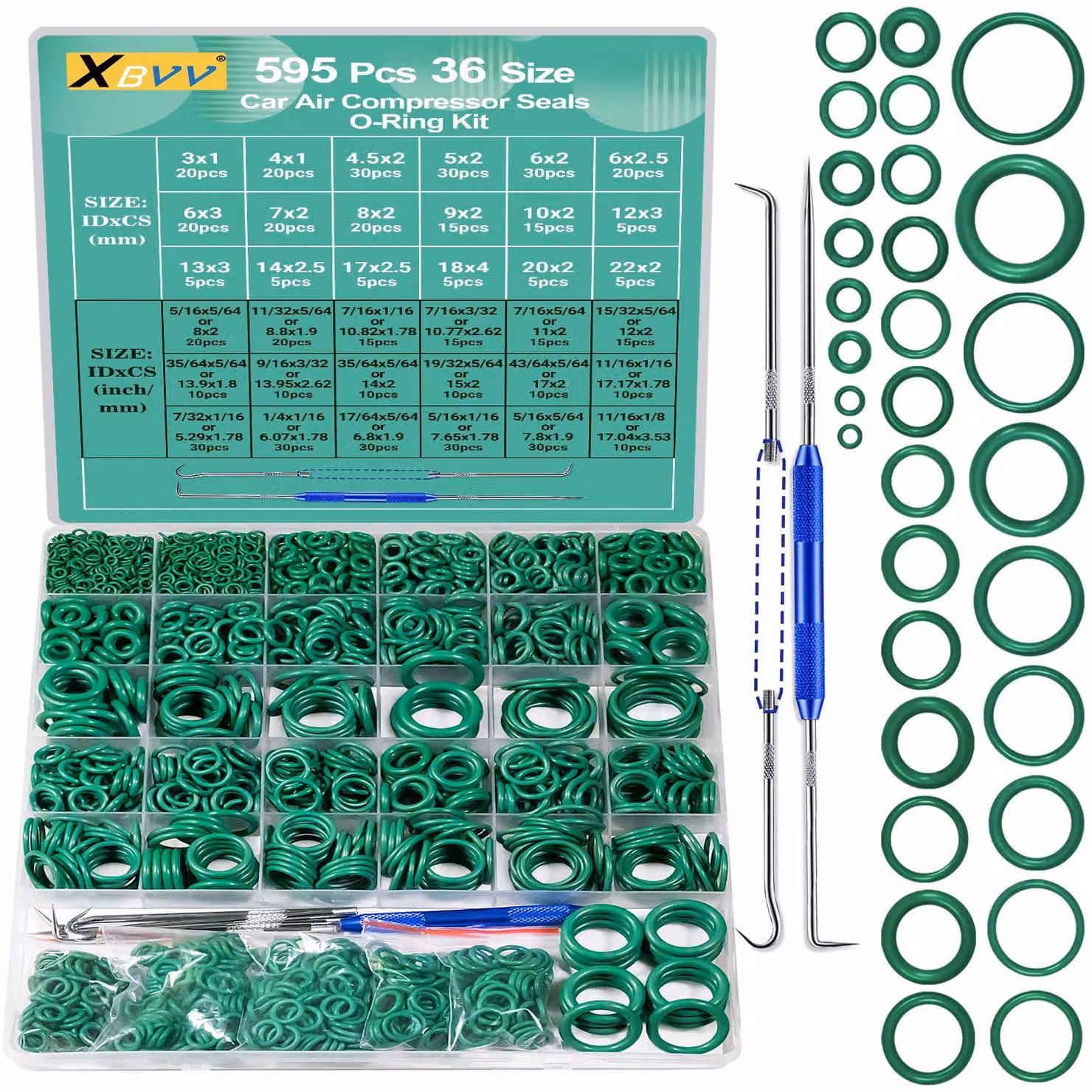 Set di guarnizioni O-ring, metriche e SAE, composto da 595 pezzi, comprensivo di strumenti per l'installazione delle guarnizioni, per riparazioni e manutenzione
