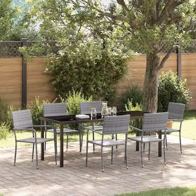 Set da pranzo per giardino e terrazzo vidaXL in polyrattan e vetro grigio, 7 pezzi – 1