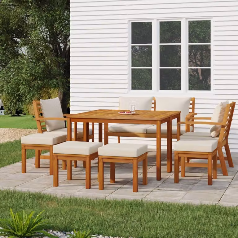 Set da Pranzo da Giardino vidaXL in Legno di Acacia con 9 Cuscini, Colore Marrone e Bianco