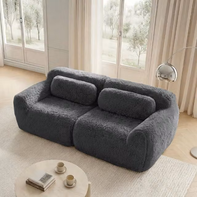Divano modulare 2 posti senza struttura rigida con schiuma elastica, cuscini e base antiscivolo in peluche grigio