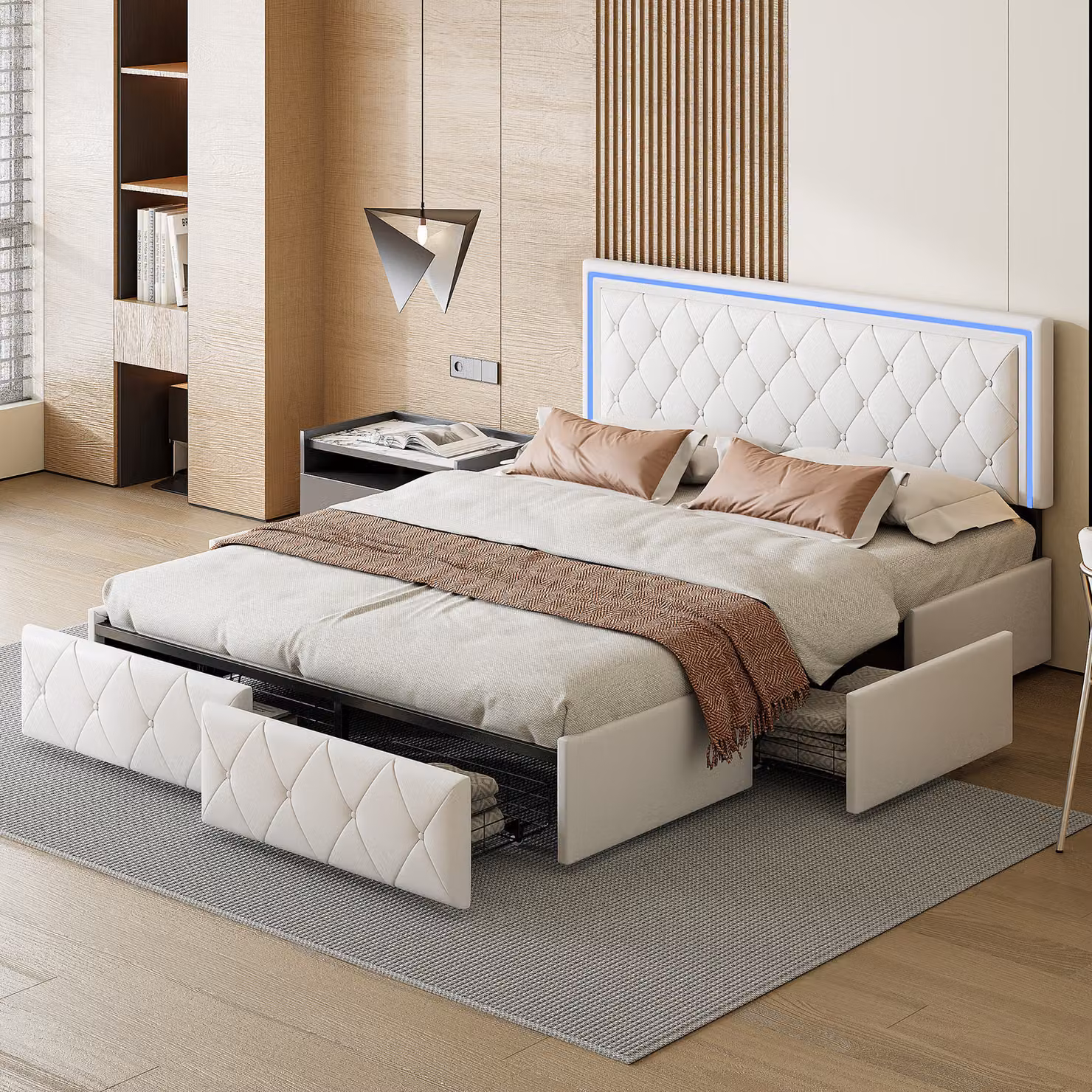 Letto imbottito con illuminazione a LED, con testiera e 4 cassetti, letto matrimoniale 140x200cm struttura letto contenitore, rete a doghe in legno, beige