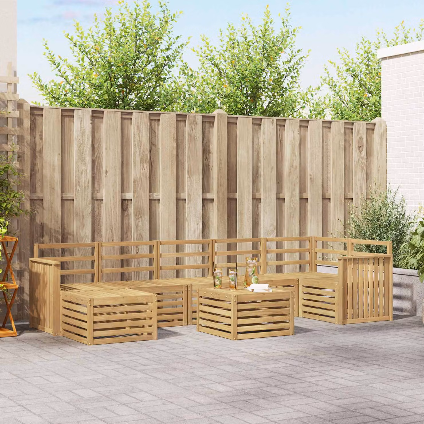 vidaXL Set di divani da esterno 8 pz in legno di acacia massello con cuscini bianchi e marroni per giardino e terrazza