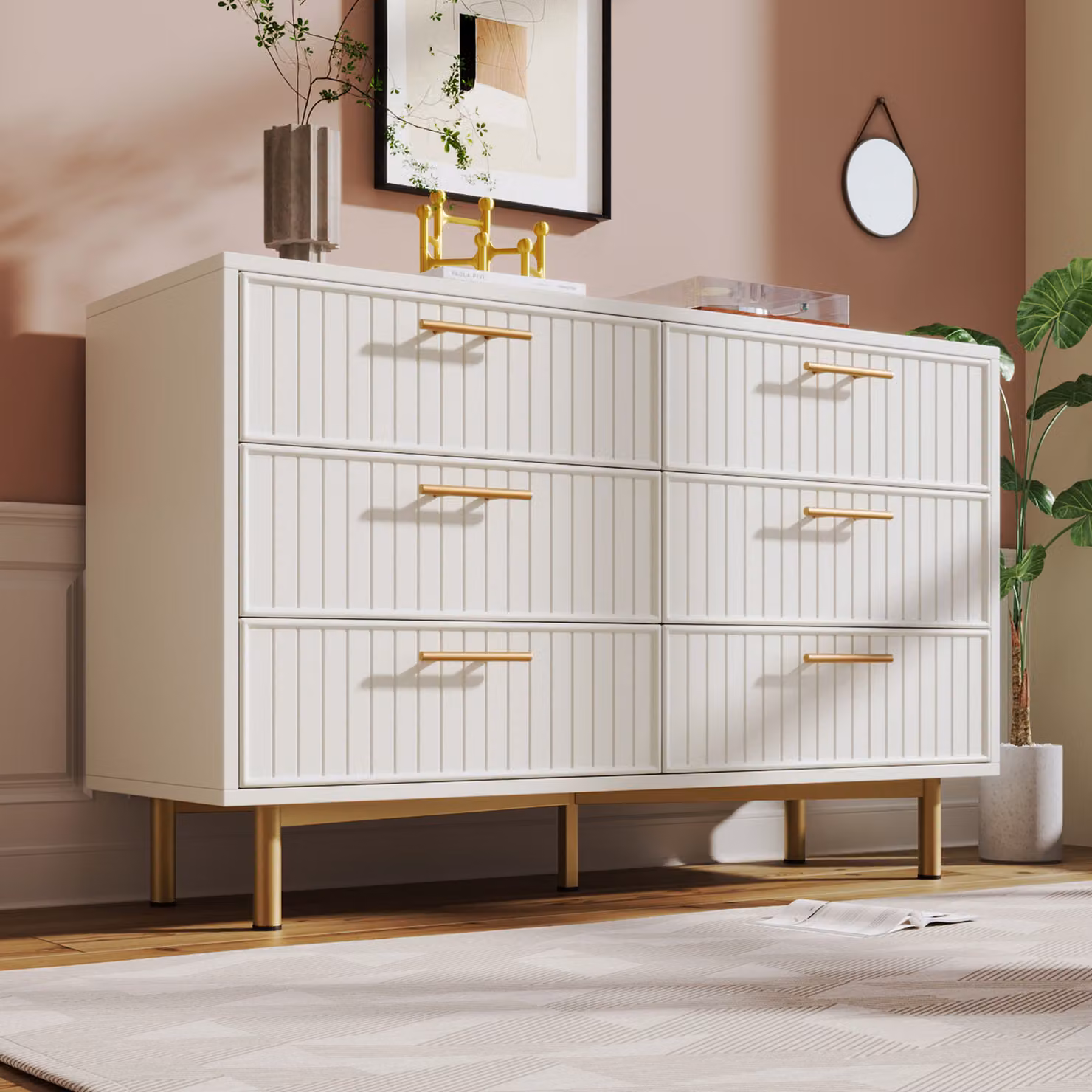 Comodà STILVORA a 6 cassetti, credenza per camera da letto e tutti gli ambienti della casa, mobile ausiliario regolabile in altezza con base e gambe in metallo, bianco