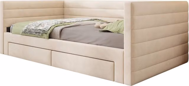 Divano letto estraibile 90x190 cm beige in cotone e lino， con contenitori， senza materasso