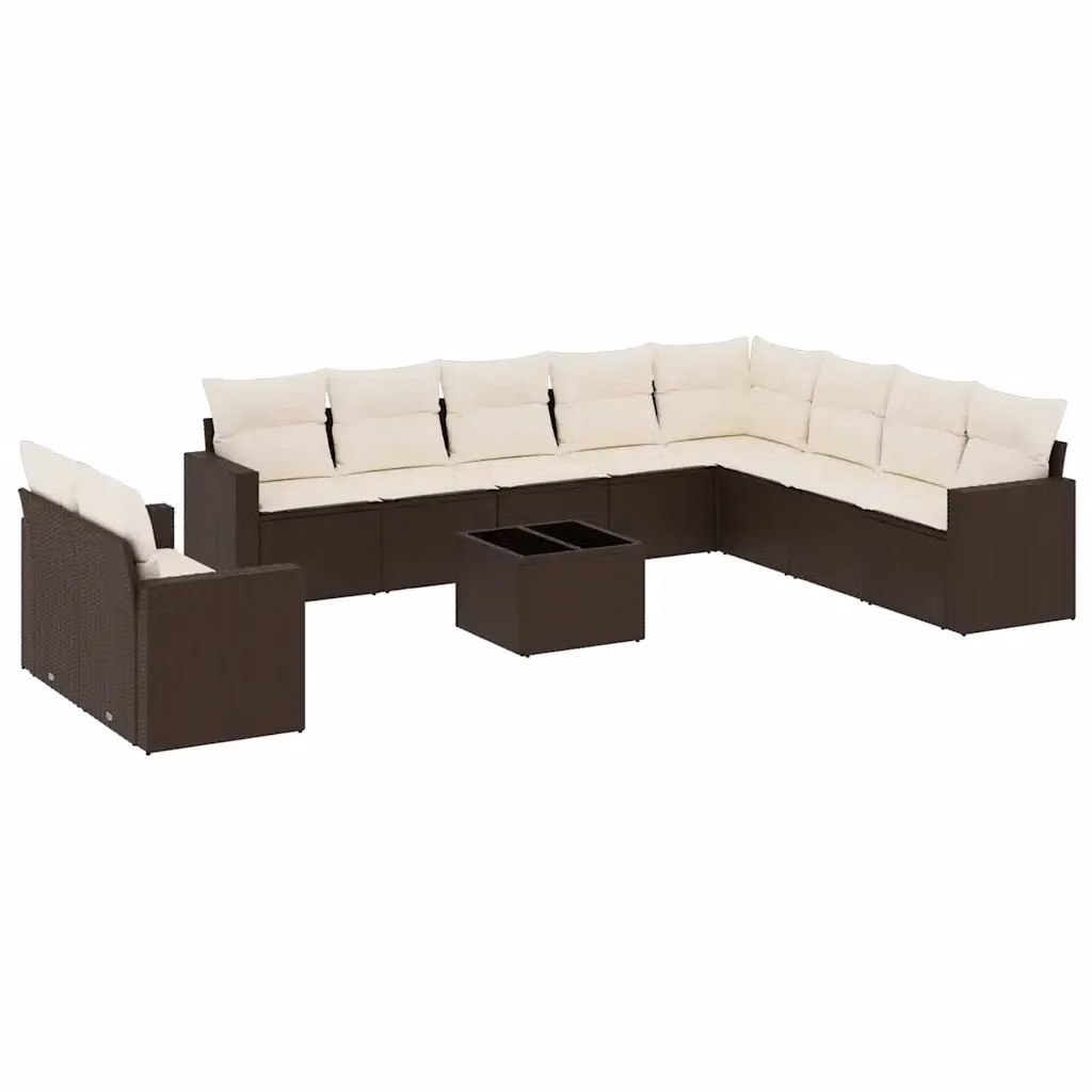 vidaXL Set Divani da Giardino 11 pz a Forma a L con Cuscini in Polyrattan Marrone e Bianco – 2