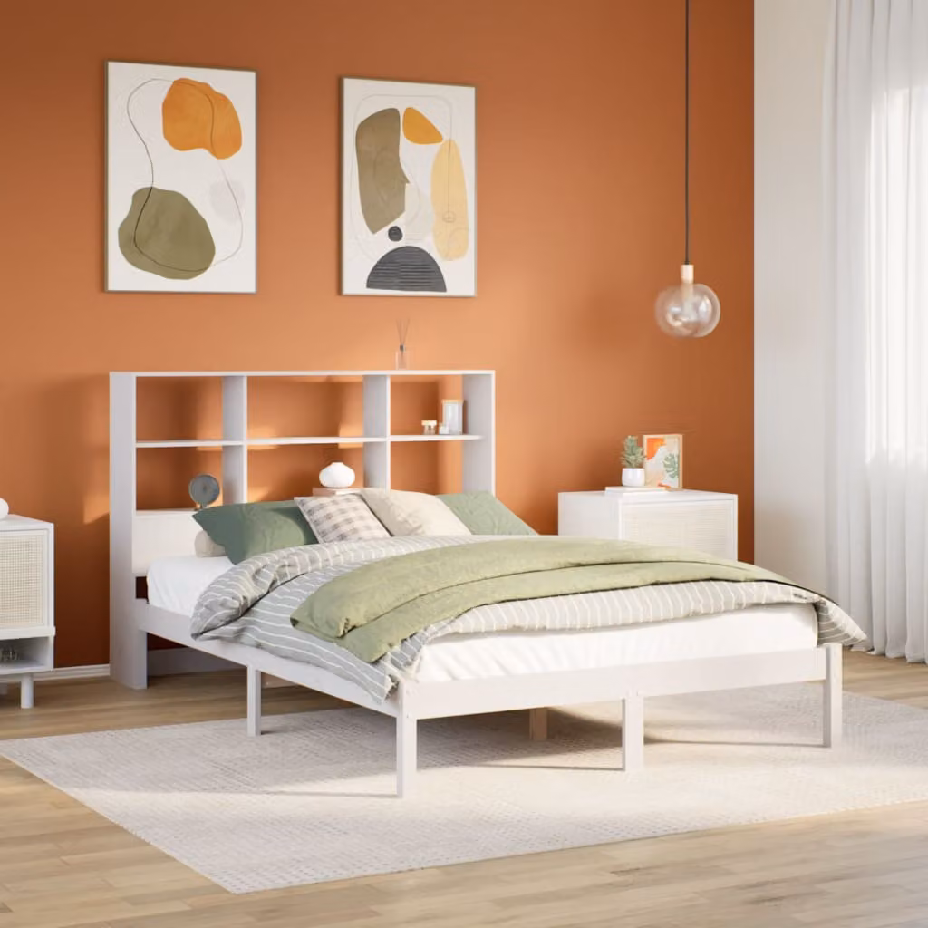 vidaXL Letto Libreria in Legno di Pino Bianco con Ripiani Laterali L/P/H: 160 x 200 x 110 cm
