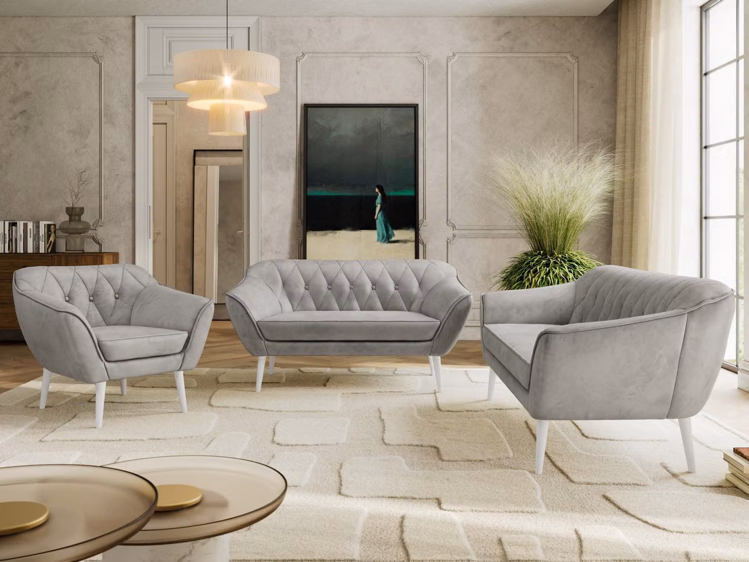 Divano componibile MKS MEBLE PIRS 1-2-3, set completo in stile scandinavo, con sospensioni a molle, gambe bianche, gruppo sedute, set di mobili, set con braccioli - velluto grigio chiaro