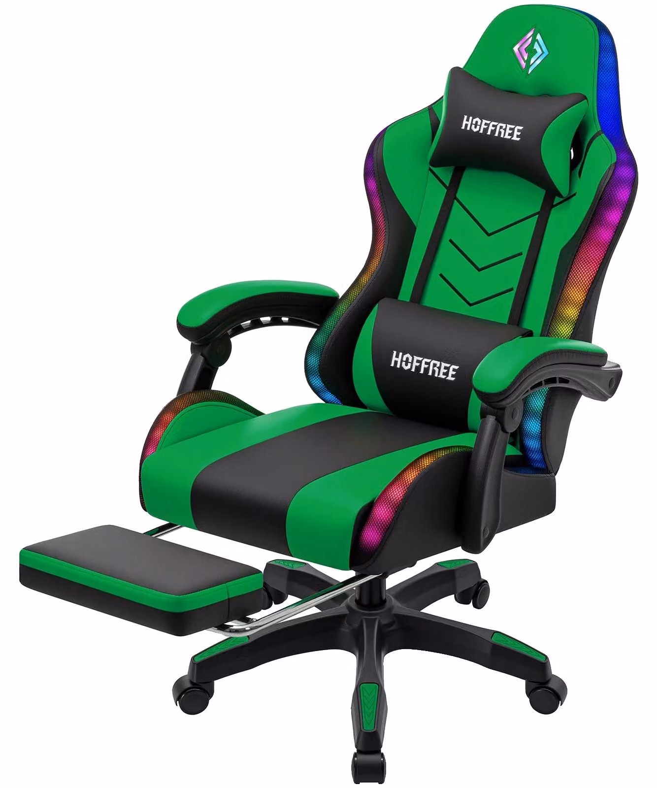 Sedia da gaming, design ergonomico, luci LED RGB, verde