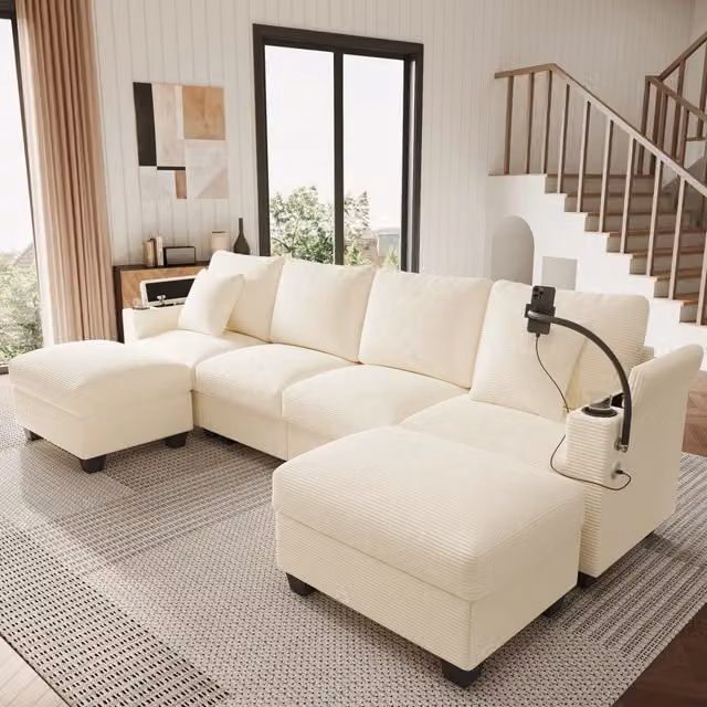Divano modulare ULEVR a U 275,5x139 cm trasformabile in divano letto, con USB, USB-C e porta cellulare, beige