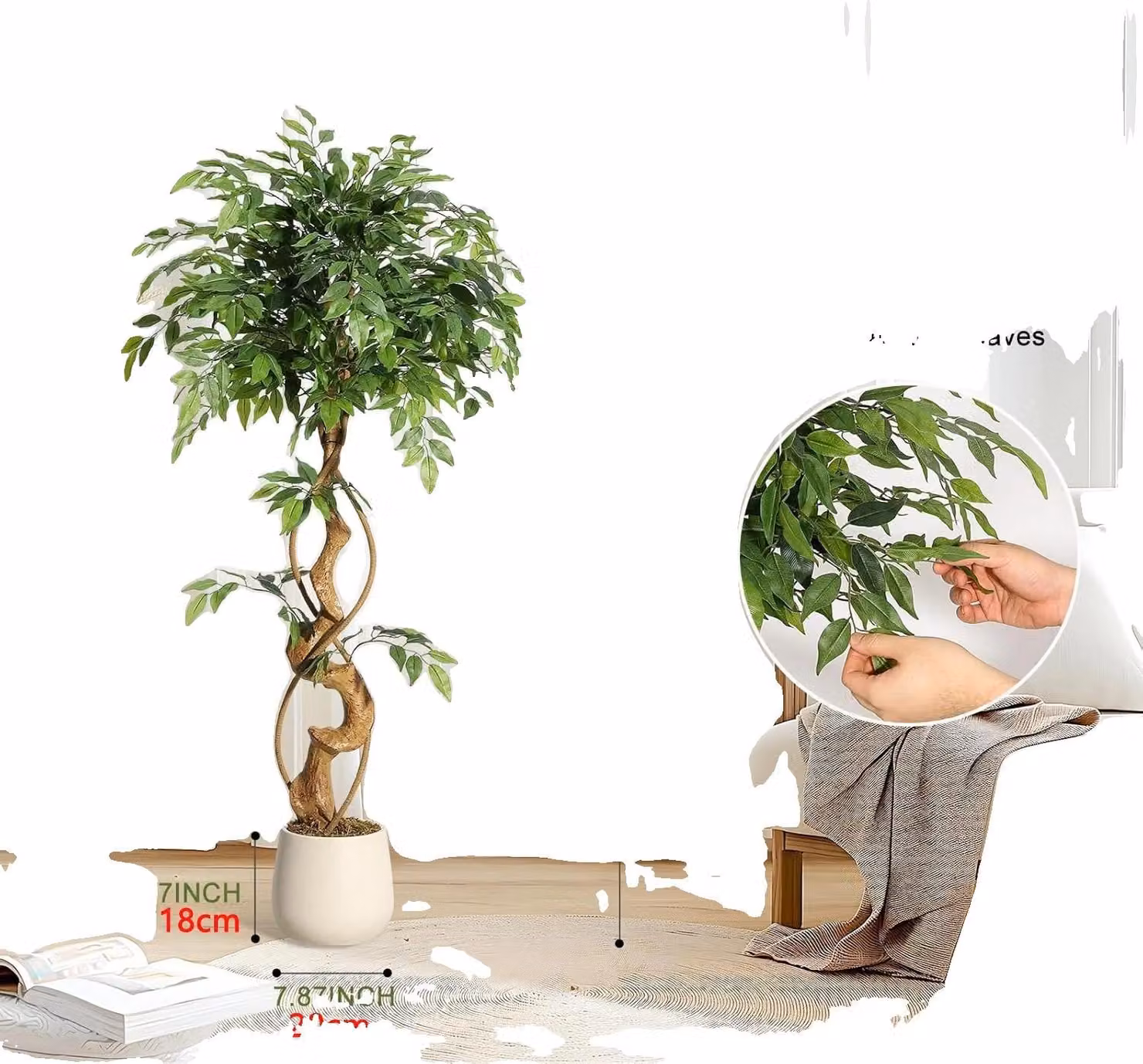 Albero artificiale Ficus, tronco curvo, vaso bianco, altezza 120 cm