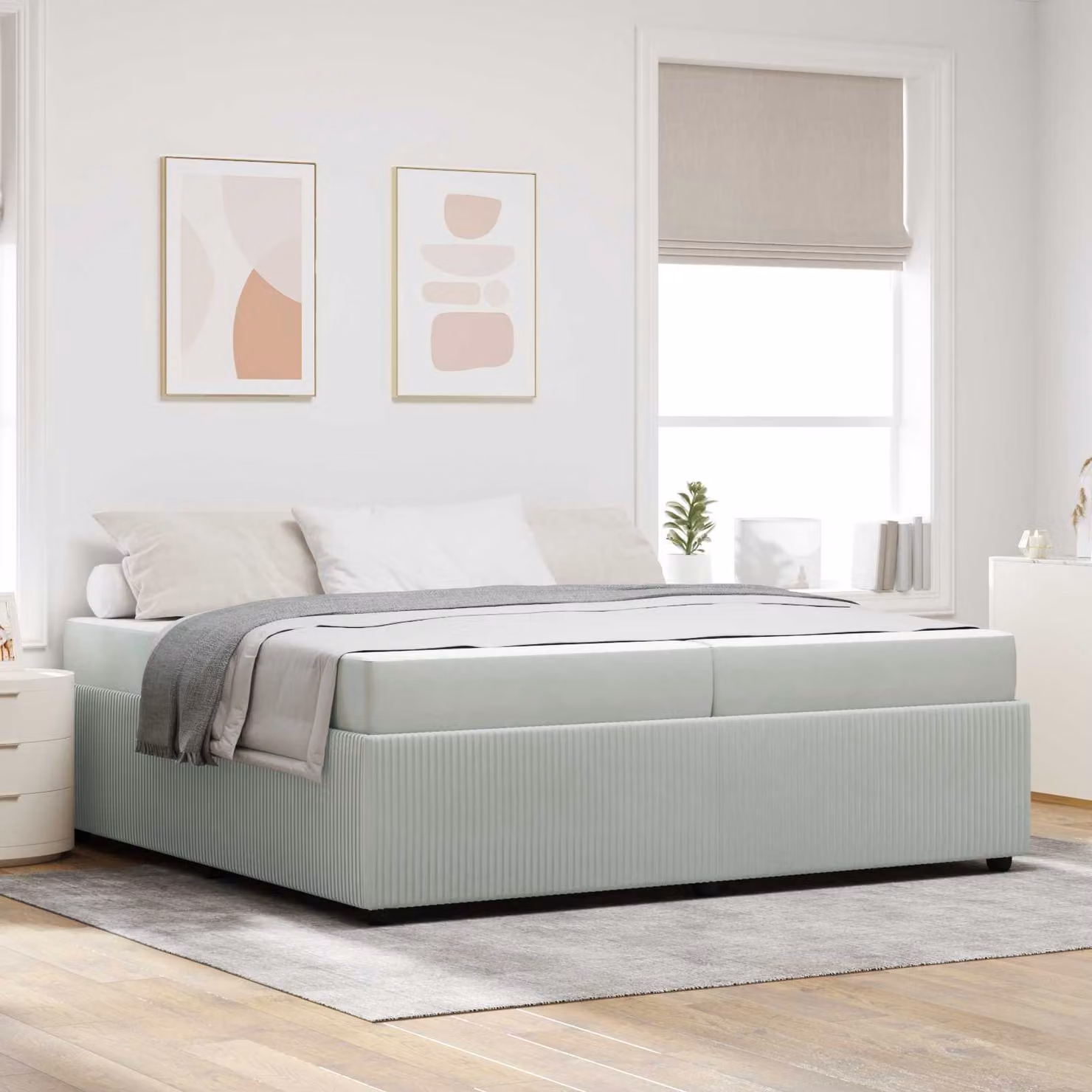Struttura del letto moderna vidaXL in tessuto grigio con legno e MDF, 200 x 200 cm – 1