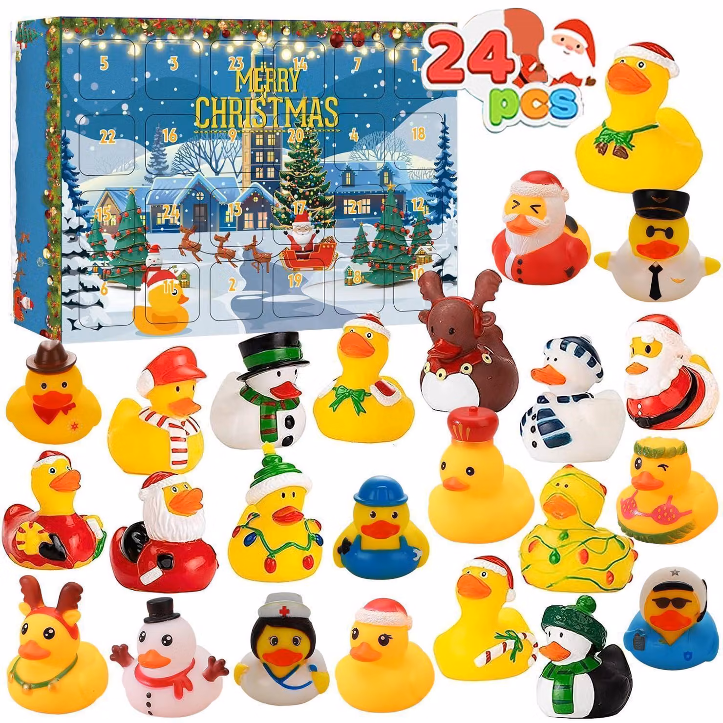 Calendario dell'Avvento con 24 anatroccoli di gomma, ideale per contare i giorni fino al Natale. Giocattolo da bagno per bambini, dimensioni 32 cm x 22 cm