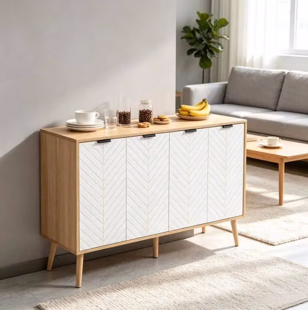 Credenza ULEVR 120x35x77,4 cm con 4 ante e ripiani regolabili, mobile contenitore bianco