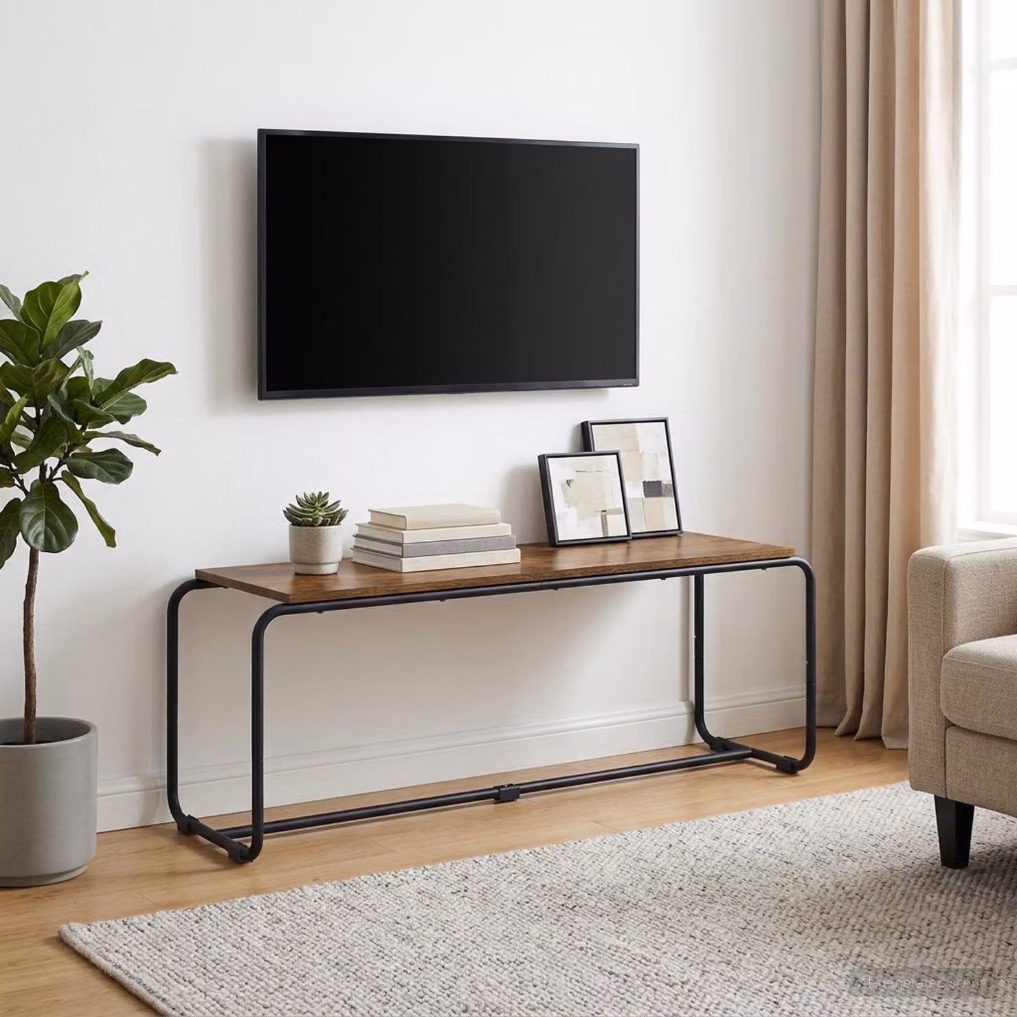 Supporto TV moderno vidaXL in legno e metallo, colore marrone rovere fumo, L: 113.5 cm, P: 35.5 cm, H: 42 cm