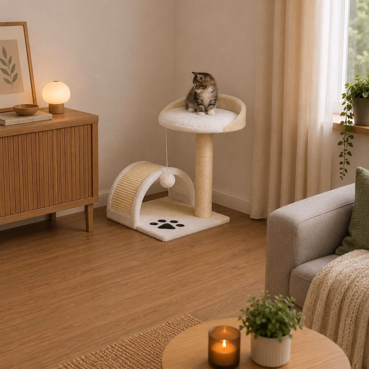 Albero per gatti Belviona, tiragraffi salvaspazio con superfici in sisal, giochi e piattaforma riposo, color beige/bianco