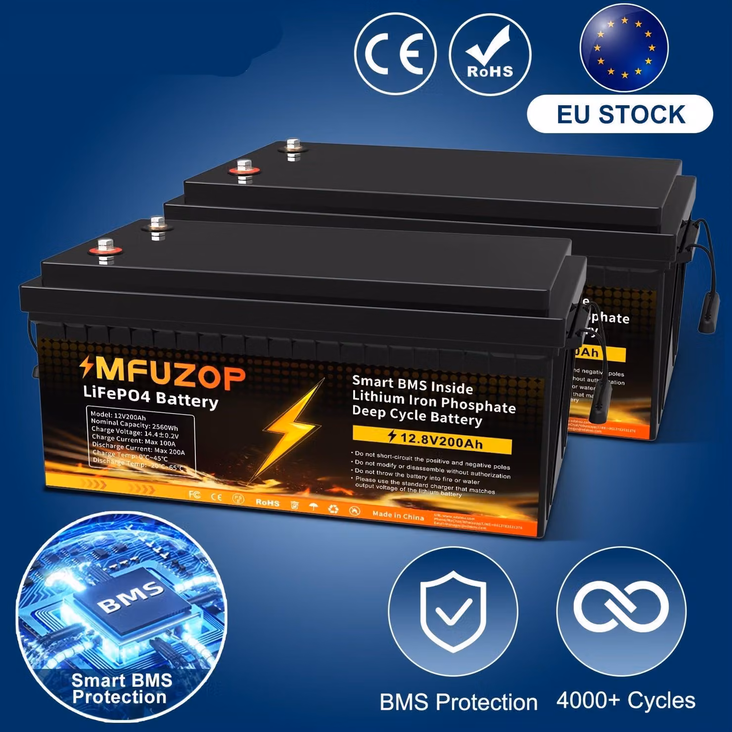 Batteria al litio - Batteria LiFePO4 - Batteria per camper/roulotte - Batteria per sistemi solari - 12V 200Ah - Protezione BMS da 200A