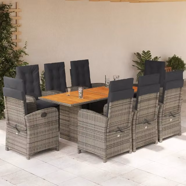 Set da pranzo da giardino vidaXL in polyrattan e legno di acacia con 9 pezzi, colore grigio e marrone – 1