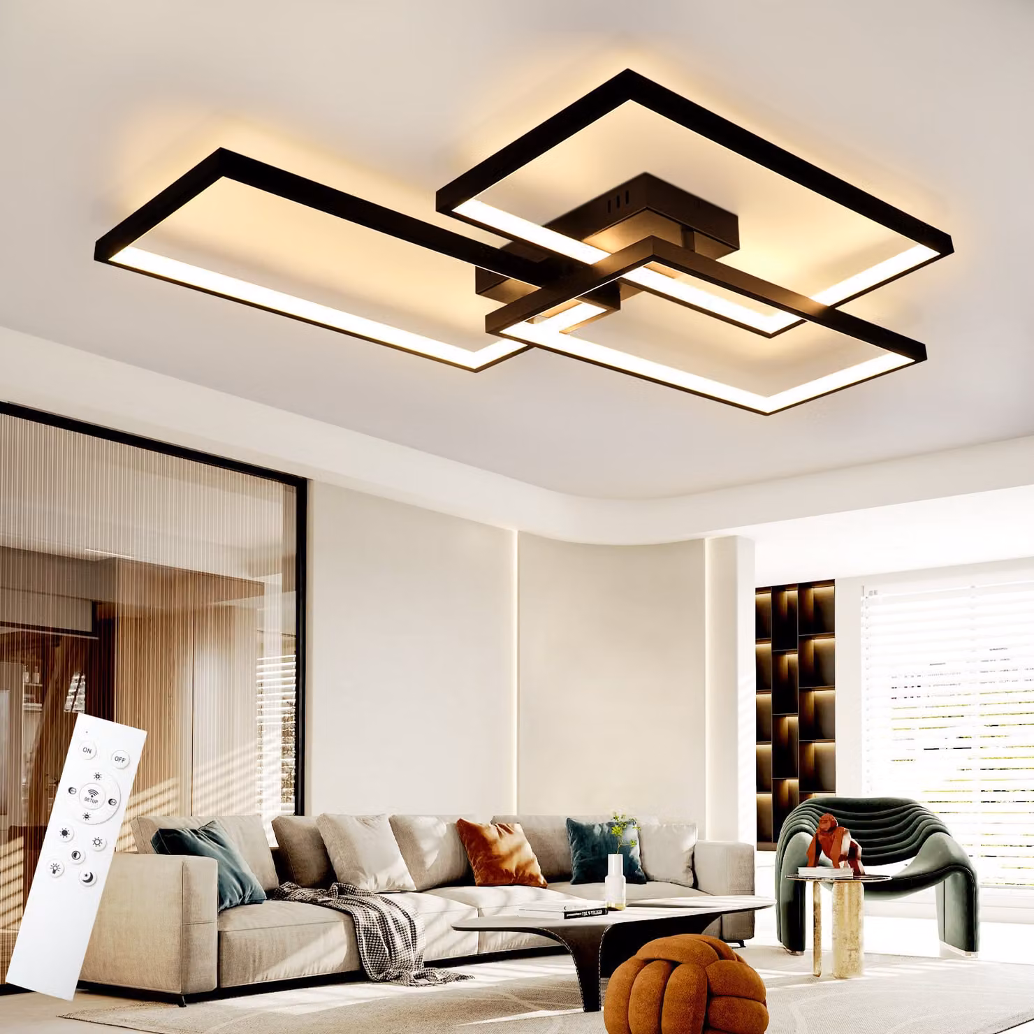 ZMH LED Plafoniera nera dimmerabile con telecomando Lampada da soffitto per soggiorno 80CM 74W Moderna Rettangolo in metallo per camera da letto Camera dei bambini Cucina