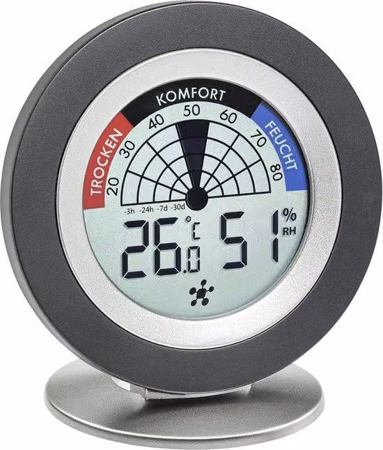 Dispositivo digitale per il monitoraggio della qualità dell'aria e del rischio di muffa, con design color argento.