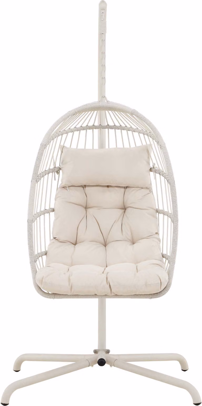 Poltrona sospesa Trezza con supporto beige.