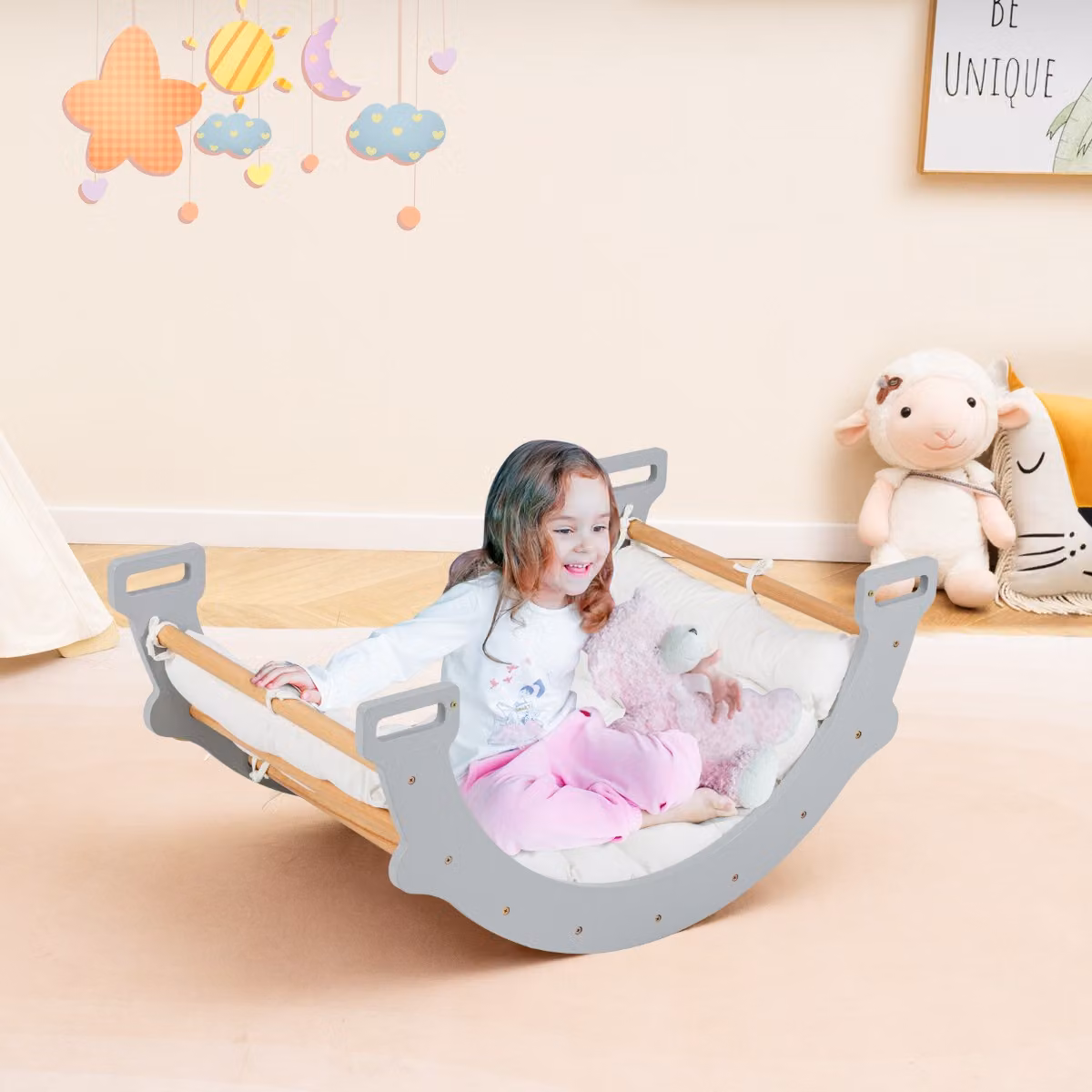 Arco di arrampicata 2 in 1 Costway con dondolo e cuscino morbido per bambini, Grigio