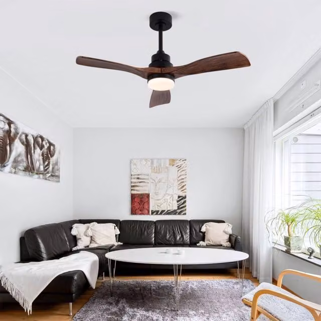 Ventilatore da soffitto moderno con 3 pale in ABS, luce LED dimmerabile e telecomando, colore nero e noce scuro