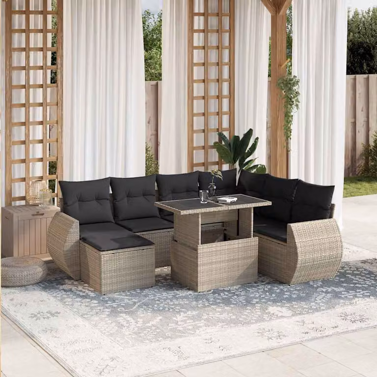 vidaXL Set Divano da Giardino a L 8pz con Cuscini Grigio Antracite e Tavolino in Vetro