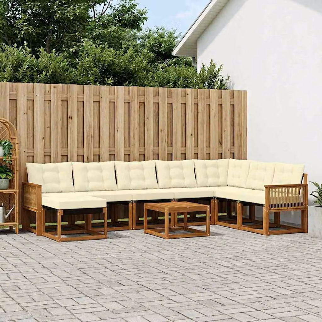 vidaXL Set di divani da esterno 9 pz a forma di U in legno di acacia con cuscini beige e bianco