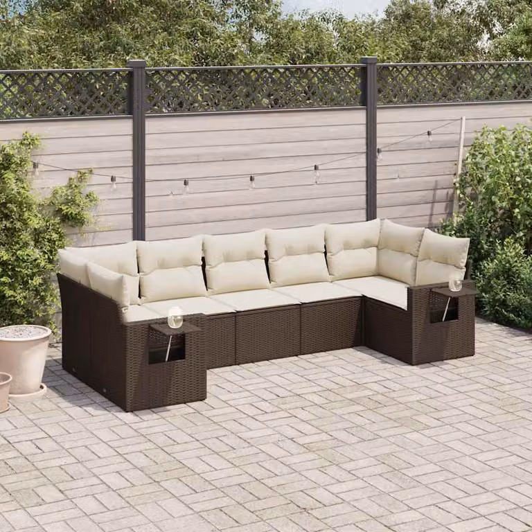 Set di divani da giardino vidaXL 7 pz in polyrattan marrone con cuscini e tavolino da esterno a forma di L