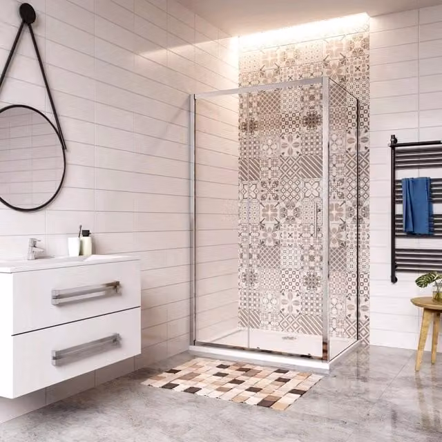 185 cm Box Doccia Angolare Porta Scorrevole con Parete Fissa Vetro Temperato 5 mm Trasparente Telaio Cromato Lucido 115x70 cm