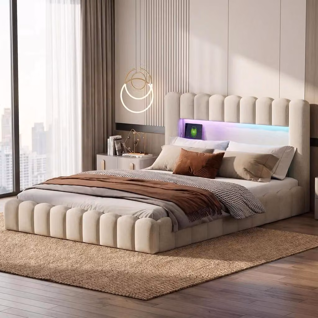 Letto con boxspring INONEFT, 140x200 cm, con illuminazione LED, letto per giovani, letto matrimoniale con rete a doghe/spazio contenitore, letto imbottito con spazio contenitore e porta USB, letto con rivestimento in lino, color beige