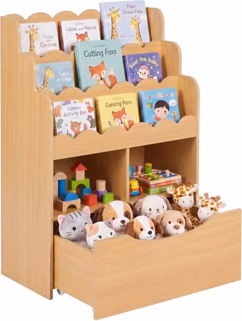 Libreria per bambini DESIGN IN con 3 ripiani, 2 scomparti aperti e cassetto su ruote, colore beige, L 91 cm, P 30 cm, H 60 cm