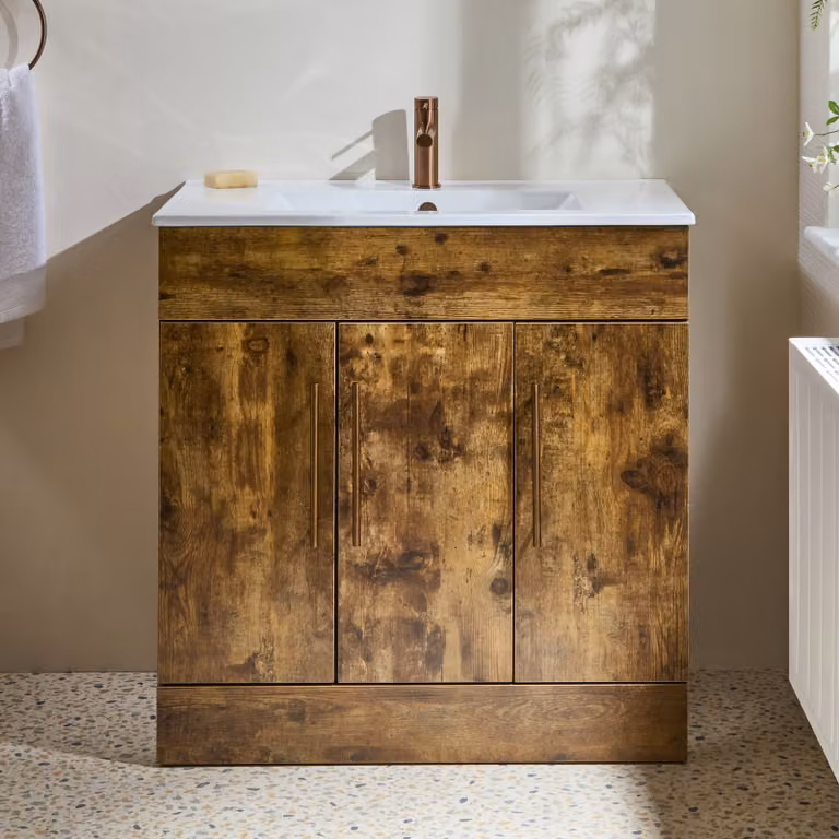 Mobile Bagno a Terra Rovere Scuro da 810mm con Lavabo e Maniglie con Barra a T in Bronzo Satinato - Cluo