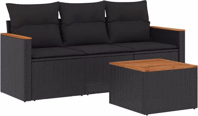 Set Divani da Giardino 4 pz | Set Salotto da Giardino con Cuscini Nero in Polyrattan