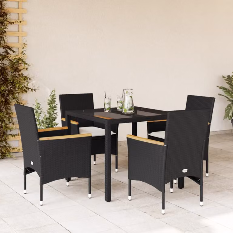 vidaXL Set da Pranzo da Giardino Moderno in Polyrattan e Legno di Acacia con Cuscini e Tavolo in Vetro, 5 Pezzi, Bianco e Nero