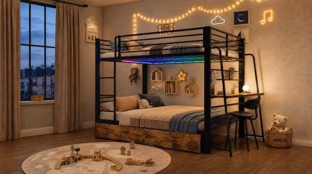 Letto a soppalco 140x200 cm in metallo e MDF nero con scrivania, salvaspazio –