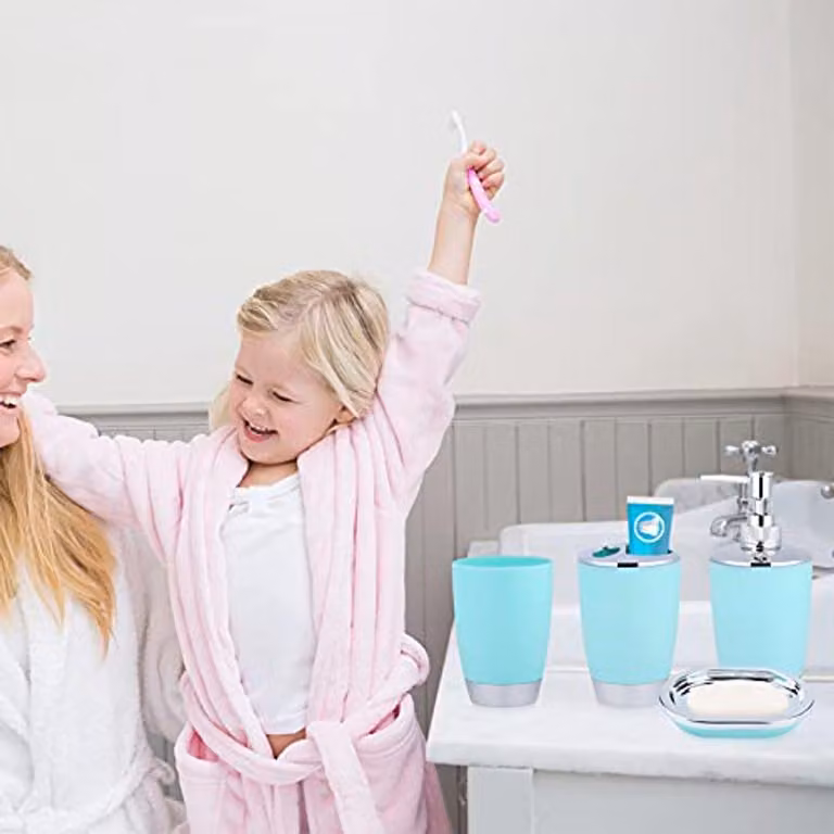 Set da bagno da 6 pezzi: flacone per lozione, portaspazzolino, dispenser per sapone, porta scopino, cestino – colore verde menta