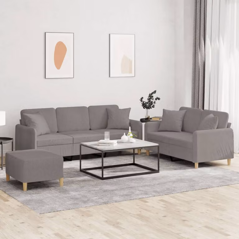 Set di divani vidaXL composto da un divano a 3 posti, un divano a 2 posti e un pouf, in tessuto beige e grigio con cuscini inclusi per il tuo soggiorno