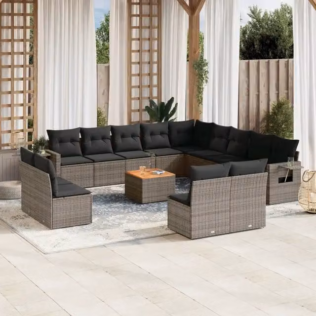 Set di divani da giardino VIDAXL in polyrattan grigio con 14 pezzi e cuscini inclusi – 1