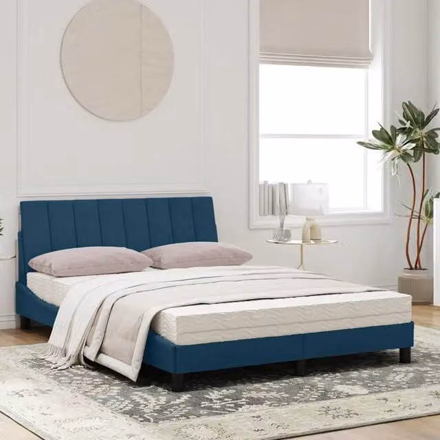 Letto moderno vidaXL con materasso in velluto blu e bianco, L/P/H: 120 x 200 cm – 1