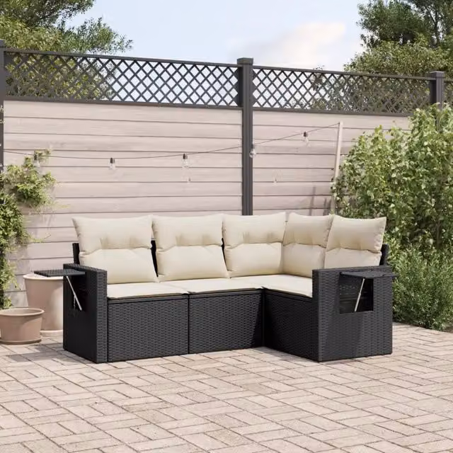 Set di Divani da Giardino VIDAXL in Polyrattan Nero con Cuscini, Design Moderno a L per 4 Persone – 1