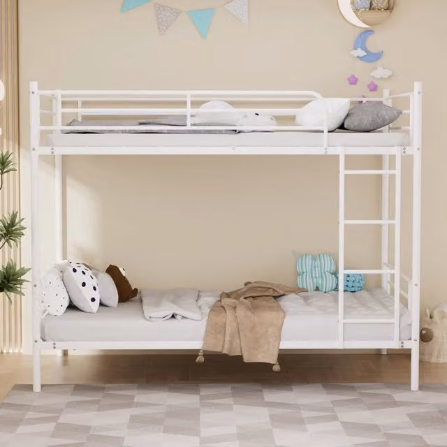 Letto a castello 90 × 190 cm 2 posti con scala e barriera anticaduta, senza materasso, acciaio bianco