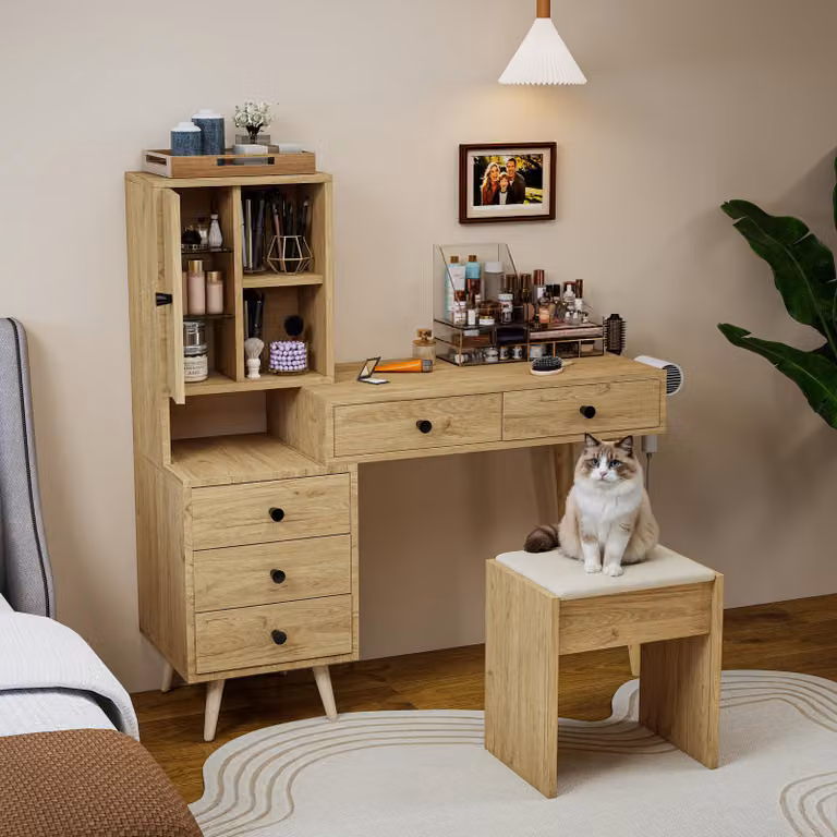 Comò multifunzionale per il trucco con pensile laterale e sgabello, tavolino da trucco con specchio e 5 cassetti, ideale per piccoli appartamenti, stile naturale