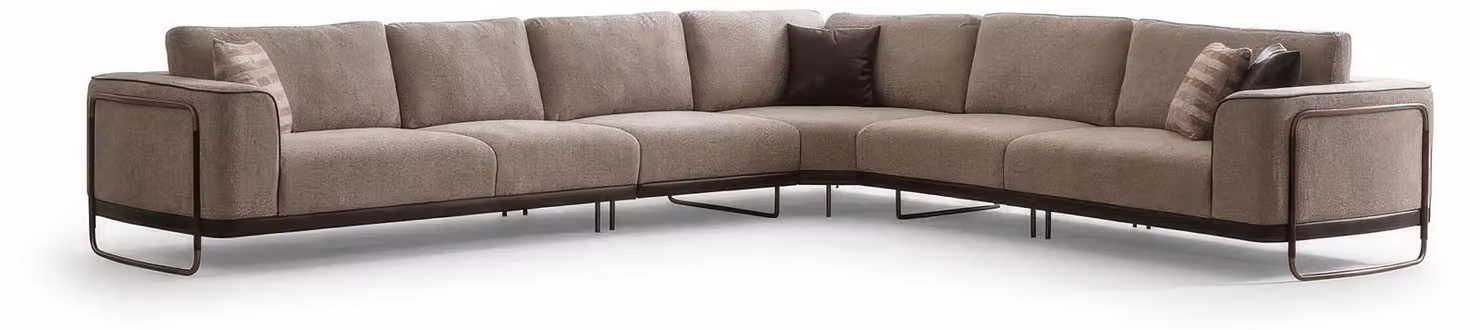 Divano ad angolo moderno, forma a L, colore marrone, design minimalista, confortevole, dal look neutro, nuovo
