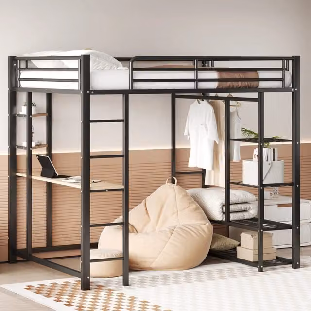 Letto a soppalco matrimoniale 140×200 cm con scrivania, guardaroba aperto e mensole, senza materasso, nero