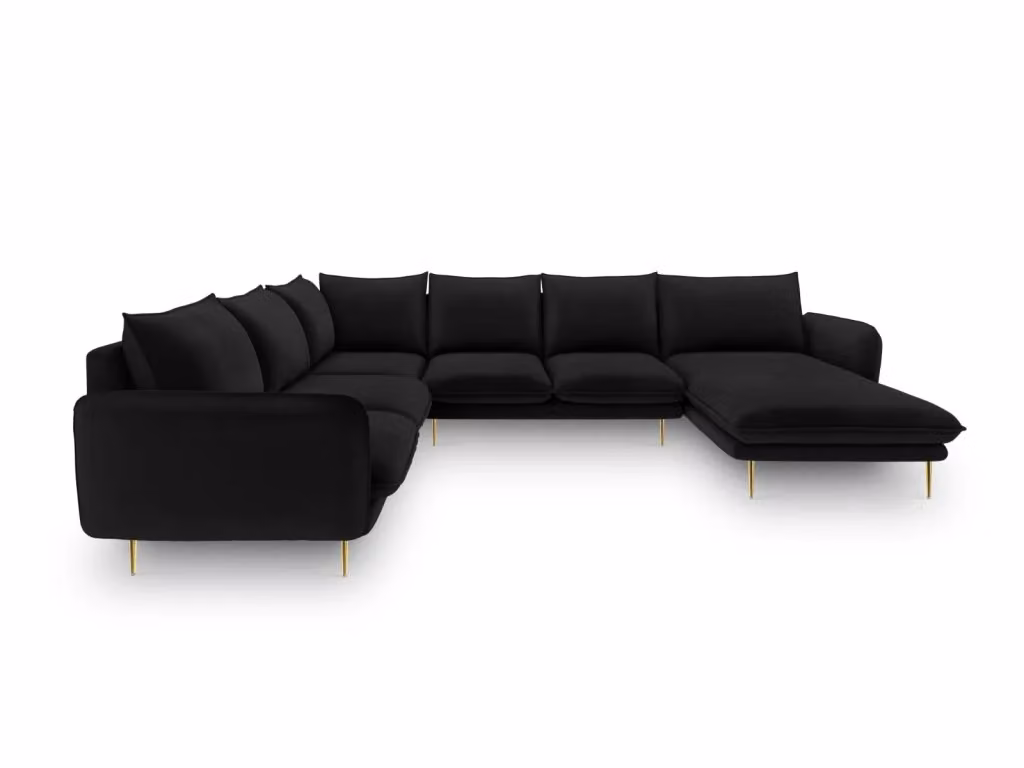 Divano panoramico sinistro Vienna di Cosmopolitan Design, modello a L da 7 posti in velluto nero e dettagli oro, L/P/H: 330 x 145 x 95 cm – 2