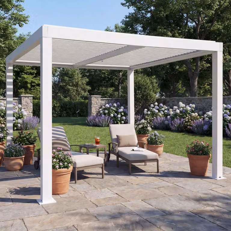 Pergola MCW-L46, gazebo da giardino con lamelle, telaio in alluminio da 11 cm, grondaia resistente alle intemperie, 3x3 m ~ bianco
