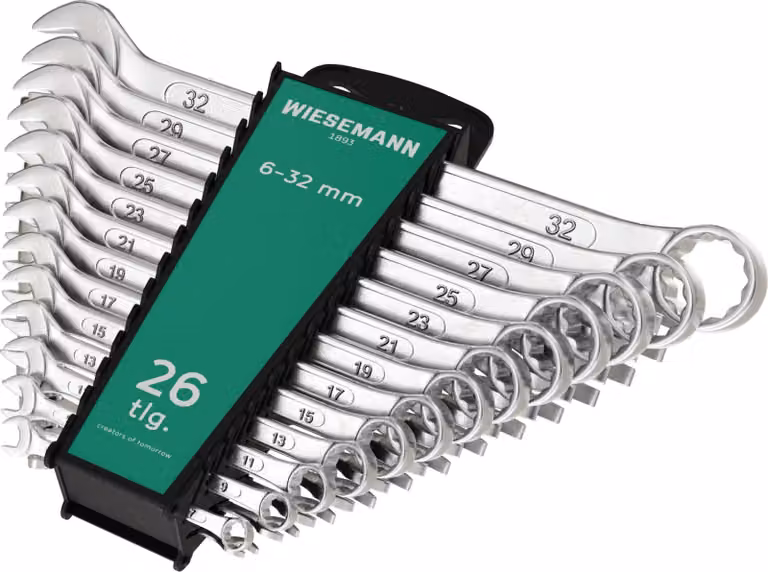 Set chiavi con forchetta e anello da 26 pezzi 6-32 mm | WIESMANN 80270 | set chiavi per viti con supporto per trasporto