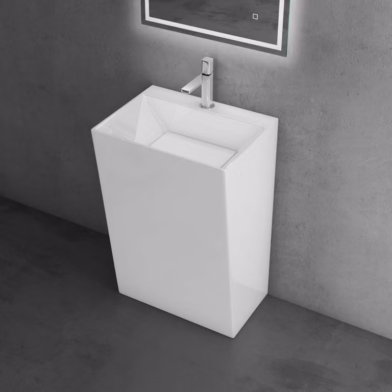 doporro Lavabo a Colonna Per Bagno Lavabo Freestanding da Terra Lavandino Monoblocco a Pavimento 60x45x90 cm Bianco Lucido, Lavabo Autoportante in Marmo Resina con Foro Rubinetto Colossum40