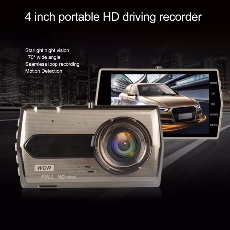 Registratore video per auto DVR Schermo IPS da 4 pollici Grandangolo da 170° Doppia lente 1080P Universale Nero